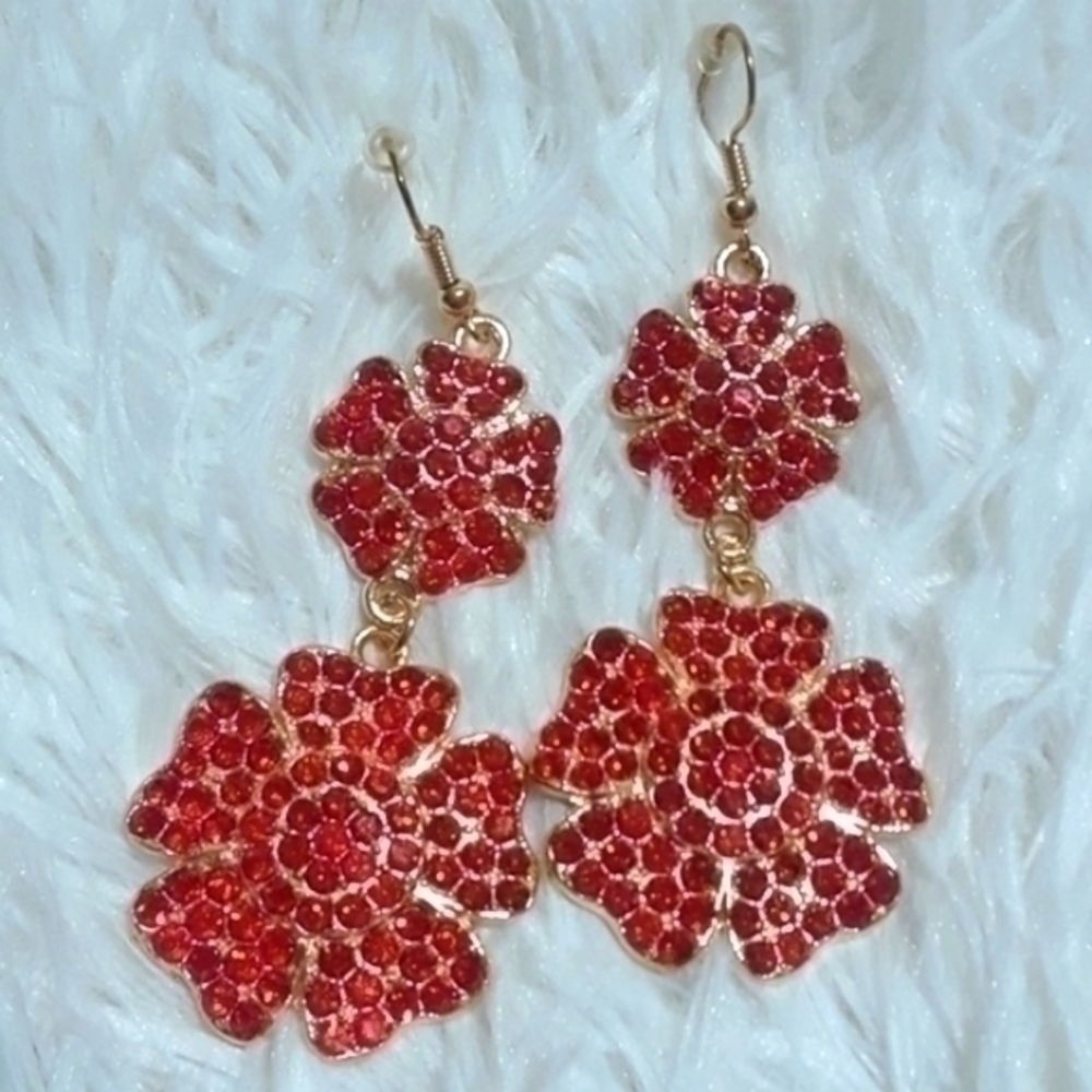 Double Cherry Rhinestone Floral Dangle Earrings